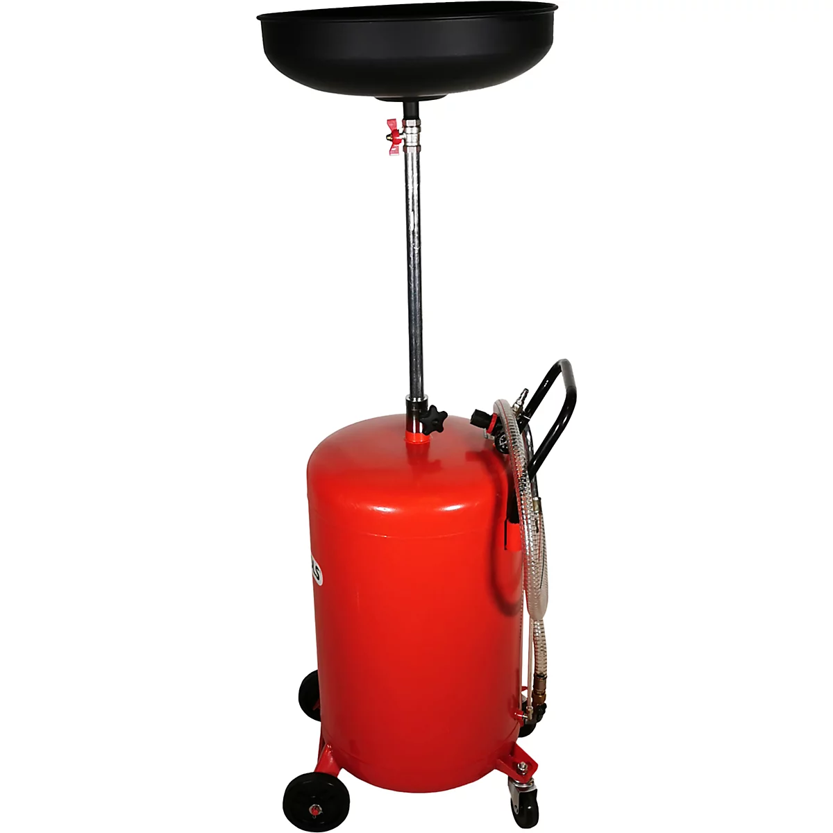 Ölauffanggerät: Schwarze Auffangwanne, roter Tank, silberne Stange, Räder.